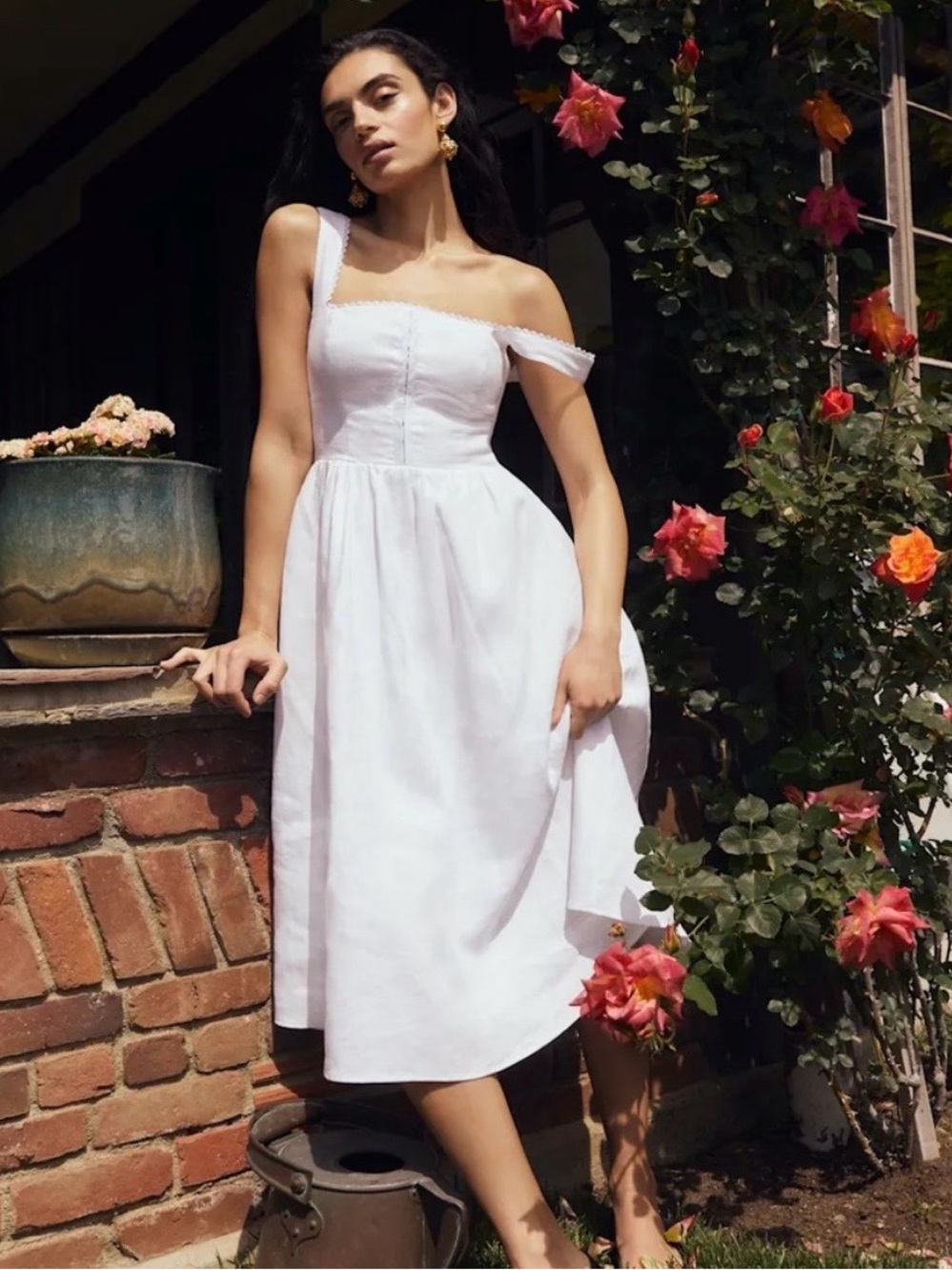 Reformation Tagliatelle White Off-the-Shoulder Linen Midi Dress